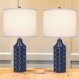 Qingmiao Modern Ceramic Table Lamp, Set of 2 - Navy Blue with Diamond Protrusions Texture, 25'' Nightstand Lamp for Bedroom Living Room, 3-Way Dimmable Included
