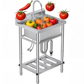 23"W Compact Utility Sink 18/8 Stainless Steel Portable Ergonomic Sinks with 4-Height Adjustable & 360° Swivel Lead-Free Faucet Laundry Room Kitchen Garage Outdoor BBQ RV Basement Hobby Room Bathroom