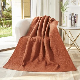 Brandream Damask Quilt Cotton Quilted Throw Blanket for Bed Couch Daybed 47 X 60 Inch Pumpkin Orange Decorative Blankets Luxury Vintage