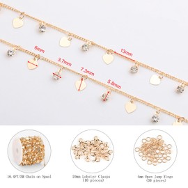 KYUNHOO 5 Meters KC Gold Plated Brass Chains for Jewelry Making Sequin Heart Chain Roll on Bulk Thin Cable Links with Rhinestone Bead for Women Craft DIY
