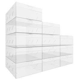 GTYOPR Large 12 PCS shoe storage box, transparent plastic stackable shoe storage for wardrobes, space saving foldable shoe rack, sports shoe storage box（L）