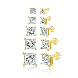 FOSIR Women's and Men's Stud Earrings, 5 Pairs Gold-Plated Stud Earrings Set, Earrings Size in 3, 4, 5, 6.7 mm, Yellow Gold