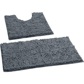 FAIRWAYUK 2 Piece Non-Slip Bath Pedestal Mat Sets Dark Grey, Microfiber Bathroom Shaggy Rugs, Water Absorbent, Machine Washable, Super Soft Bathmats
