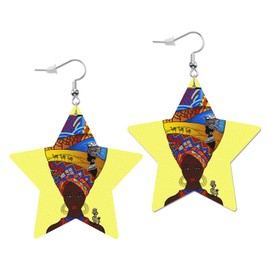 Swono African Woman Leather Earrings Beautiful Black Woman Tribal Turban Hat Abstract Traditional Style Star Faux Leather Earring Lightweight Dangle Drop Earrings for Women