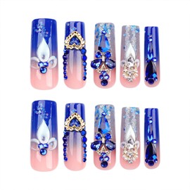Blue Press on Nails Long Square Fake Nails with 3D Rhinestones Designs Ombre Heart Full Cover Acrylic Nails Glitter Glue on Flowers Nails Bling Extra Long Luxury Stick on Nails for Women 24 Pcs