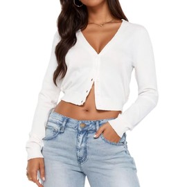 LACOZY Womens Button Down Sweaters Open Front Short Cropped Cardigan Sweater Bolero Shrugs Crew Neck Blouse Top White M