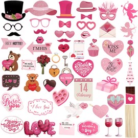 54 Pieces Valentine's Day Photo Booth Props Pink Valentine's Day Wedding Photo Props, Includes Heart, Bouquet, Mustache, Lip, Party Supplies Favors for Holiday Wedding Engagement Birthday Anniversary