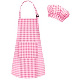 TOPWAYS Grid Kids Apron and Chef Hat Set, Adjustable Check Child Chef Aprons with 2 Pockets, Lattice Print Children's Apron for Kids Toddler Painting Baking Cooking Artist (Pink, L（7-13Years）)