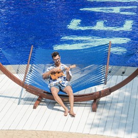 Lazy Daze Hammocks 10.5 FT Double 2 Person Caribbean Rope Hammock, Hand Woven Polyester Hammock with Spreader Bars, Extra Large Outside Outdoor Backyard Patio Poolside Hammock, 450 LBS Capacity, Blue