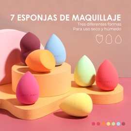 MIST JEWEL Esponjas maquillaje de gota, biselada y plana 7 piezas Beauty blender sponges - Aplica polvos, cremas, sombras o makeup corrector varios colores