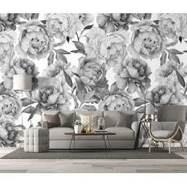 BZHXBZ - Grey Peony Floral Wallpaper Bedroom Black and White Botanical Flowers Leaf murals Aesthetic Room Decor Living Room tv Background Large Wall Mural - 91"x65" Not Peel and Stick
