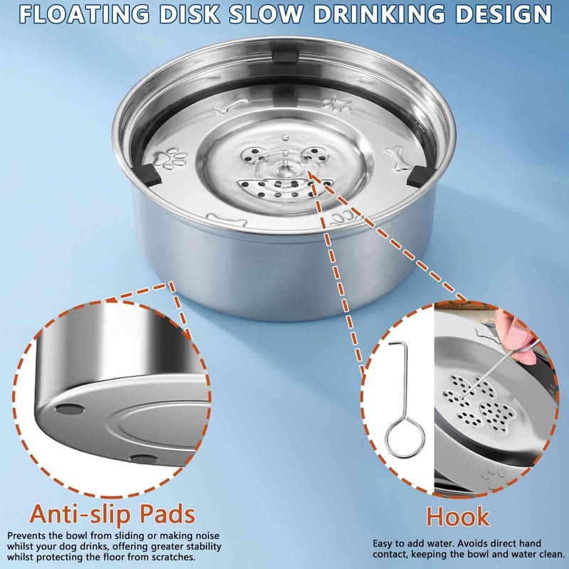 3L/101 oz Dog Water Bowl No Spill, Stainless Steel, Spill