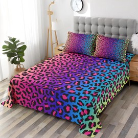 Pamnest Twin Size Bed Sheet Sets, Colorful Neon Leopard Soft Microfiber 3 Pcs Bedding Sets for Kids and Adults Bedroom Bed Decor, Cheetah Rainbow Psychedelic Flat, Fitted Sheet and Pillowcases