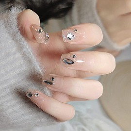 SINLOV 24pcs Nude Square Fake Nails Short Gradient Pink French Press on Nails Glossy Crystal Ballerina Artificial False Nails Full Cover False Nails for Women and Girls (B)