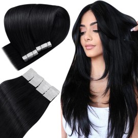 Easyouth Tape in Hair Extensions Human Hair Glue in Extensions Black Double Sided Tape in Extensions Human Hair Jet Black #1 for Women 20Inch 50g 20Pcs