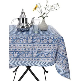 GURU SHOP Hand Printed Tablecloth, Table Runner, Block Print, Boho Tablecloth 220 x 160 cm - Model 5, Blue, Cotton, Table Runner, Tablecloths