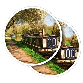 Vinyl Round Stickers (Set of 2) 10cm - Barge Moored Canal Boat England UK for Laptops, Tablets, Luggage, Scrap Booking, Fridges #50192