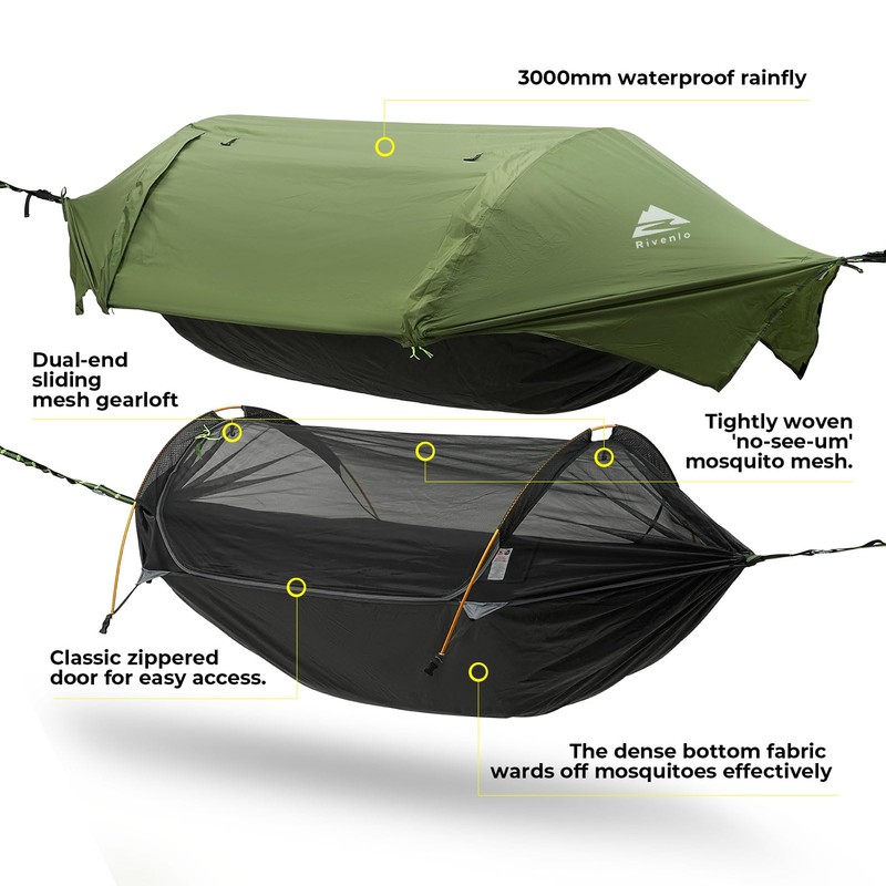 Rivenlo Camping Hammock Tent with Mosquito Net & RainFly, 3