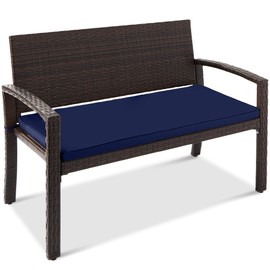 Best Choice Products Outdoor Bench 2-Person Wicker Garden Patio Benches Seating Furniture for Backyard, Porch w/Seat Cushion, 700lb Capacity - Navy/Brown