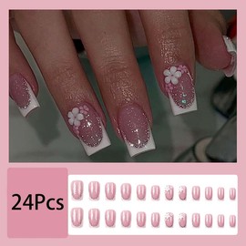 24Pcs Flower Press on Nails Medium French Tip Fake Nails with 3D Flower Charms Square Acrylic Nails Glitter Pink Chrome Glue on Nails Cute False Nails Pink Stick on Nails for Women Girls French Nails
