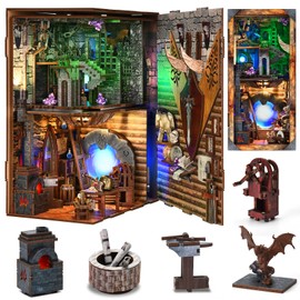 MiniCity Book Nook Kit, DIY Miniature Dollhouse Booknook Kit, 3D Wooden Puzzle Bookend Bookshelf Insert Decor with LED Light for Teens and Adults (Blade and Magic)