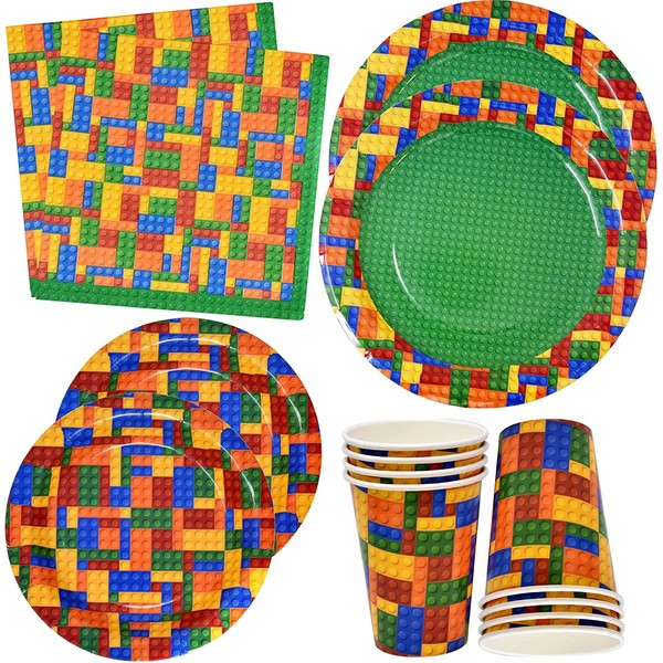 Colorful Building Block Party Supplies Disposable Tableware Set 24 9" Paper Dinner Plates 24 7" Dessert Plates 24 9 Oz Cups 50 Luncheon Napkins For Kids Color Brick Blocks Themed Birthday Decorations