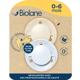 BIOLANE - Round Dummy | Extra Thin Dummy | 0-6 Months | Blue & Beige | Natural Rubber Teat | For Mouth Development | Soft and Comfortable