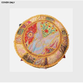 Vintage Embroidered Pouf Ottoman Footstool Cover Indian Round Ottoman Stool Pouf Pillow, Ethnic Embroidered Pouf Cover, Pouffe Ottoman Pouf Cover Pillow Ethnic Decor Art, (Yellow, 13X18X18 INCH.)