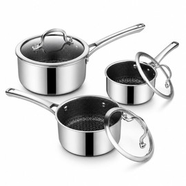 Nonstick Sauce Pan with Lid, Non-Toxic Tri-Ply Hybrid Ceramic Saucepan, 1.5&2.5&3.5 Quart Stainless Steel Pans, PFAS/PFOA/PTFE Free, Dishwasher & Oven Safe, Induction Compatible