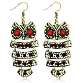 Fashion Alloy Yellow Gold-Tone Red CZ Drop Dangle Owl Statement Earrings, 2.70"