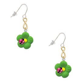 Delight Jewelry Resin Lime Green Daisy Flower with Hot Pink Ladybug Gold-tone Infinity French Earrings