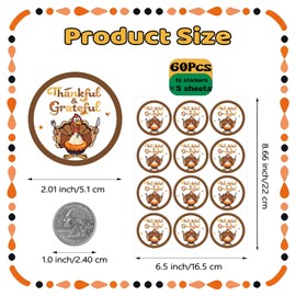 SerpizePaty 60pcs Thanksgiving Stickers, 2" Turkey Stickers with Pie for Kids, Fall Thankful & Grateful Stickers for Friendsgiving Envelope Seal Goodie Bags Party Favors Decorations