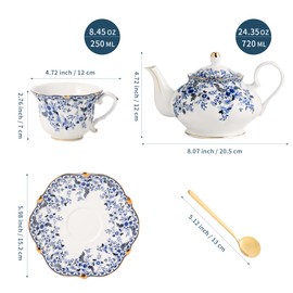 TATSUMI Country Roses Porcelain Tea Set, European Ceramic tea set for one or two,Vintage Style, For Women and Tea Parties (BLUE, 7 Pieces Set)