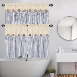 ASPMIZ Cotton Linen Kitchen Curtains 24 Inch Length Sets, Boho Rustic Button Tier Curtain Farmhouse Blue Stripe Half Window Curtains, Country Short Rod Pocket Curtain for Small Window, 2 Panels