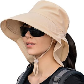 MAKFORT Wide Brim Sun Hat with Neck Flap Fishing Hats Hiking Hat Outdoor UPF 50+ UV Protection Riding Hat with Ponytail Hole for Women Beige