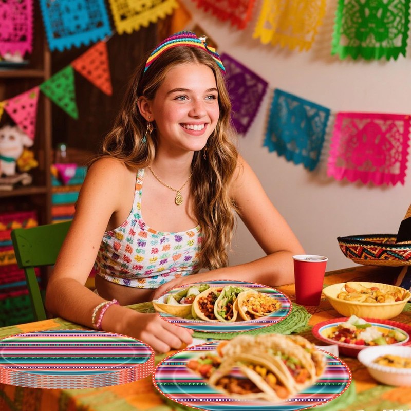 Mexican Party Decorations – 48PCS 7-Inch Serape Stripe Paper Plates,
