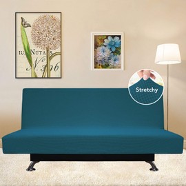 Easy-Going Stretch Sofa Slipcover Armless Sofa Cover Furniture Protector Without Armrests Slipcover Soft with Elastic Bottom for Kids Spandex Jacquard Fabric Small Checks(Futon,Peacock Blue)