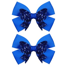 3in Glitter Royal Blue Hair Bow Clips,2pc Sparkly Sequin Ribbon Pigtail Bows Alligator Pins for little Girls Kids Birthday,Wedding,Christmas Party Dress Accessory,Back School Gift