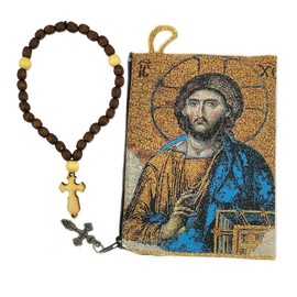 Needzo Jesus Christ Tapestry Icon Rosary Prayer Bead Pouch Case with 33 Knot Wooden Prayer Beads Set