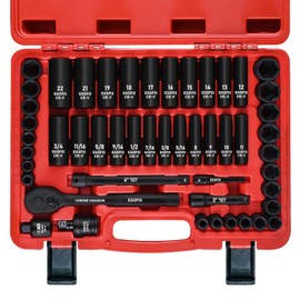 3/8" Drive Impact Socket Set, 50 Piece Standard SAE (5/16 to 3/4 inch) and Metric (8-22mm) 6 Point, with Adjustable Ratchet Handle, Extension Bars, Impact Universal Joint, Adapter, Cr-V Steel