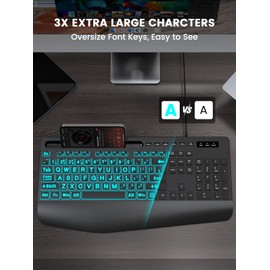 SABLUTE K21 Pro Large Print Backlit Keyboard, Wired USB Computer Keyboards with 7-Colors Backlight, Wrist Rest, Phone Holder, Oversized Letter Keys Easy to See and Type for Laptop, PC, Windows, Black