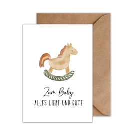 Greeting Card Birth To Baby Alles Liebe und Gute Geburt Folding Card Rocking Horse Vintage Birth Card with Envelope (A6)