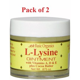 Basic Organics L Lysine Ointment Vitamins A D & E Cocoa Butter .875oz Pack of 2