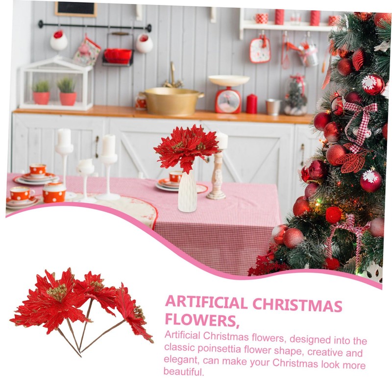 Kisangel 4pcs Artificial Poinsettia Christmas Flowers Xmas Tree Decorations Red
