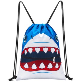 WAWSAM Shark Drawstring Backpack - Drawstring Bags for Boys Kids Swim PE Bag for Beach Swim Swimming Pool School Draw String Bags with Zippered Pocket Waterproof Sports Gym Bag