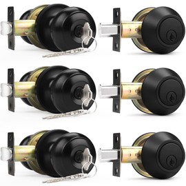 Probrico Entry Door Knobs Lock Set and Single Cylinder Deadbolt Combination Set, Entry Door Locksets with Deadbolt Same Key， Flat Black (3 Pack), Keyed Alike