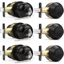 Probrico Entry Door Knobs Lock Set and Single Cylinder Deadbolt Combination Set, Entry Door Locksets with Deadbolt Same Key， Flat Black (3 Pack), Keyed Alike