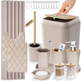 Bathroom Accessories Set - Beige Bathroom Set with Shower Curtain and Rugs, Trash Can, Toilet Brush with Holder, Soap Dispenser, Toothbrush and Toothpaste Holder, Cup, Soap Dish, Qtip Holders, Tray