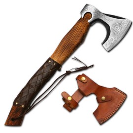 18" Viking Axe Bearded Axe Tomahawk Birthday Gifts-Valhalla Axe, Carbon Steel Viking Axe Head, Engraved Handle, Wolf Camp Axe, Genuine Leather Sheath & Wrap