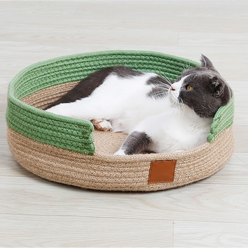 Round Cat Bed Cotton Rope Woven Basket Multipurpose Sleeping Scratching